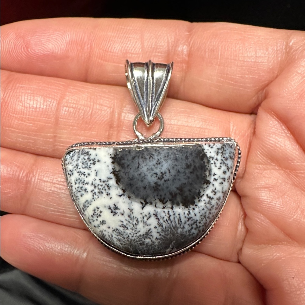 Artisan Jewelry Black and White Half-Moon Dendritic Agate Pendant Wearable Art